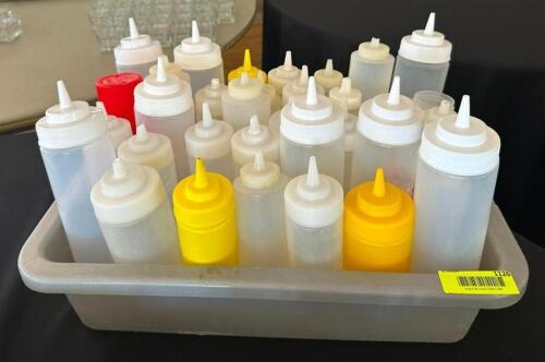 DESCRIPTION: BIN OF ASSORTED SIZED CONDIMENT BOTTLES LOCATION: 6TH FLOOR QTY: 1