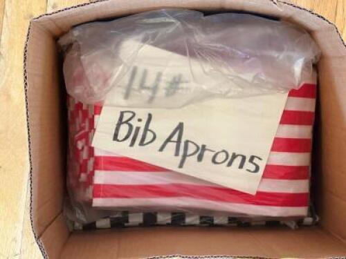 DESCRIPTION: BOX OF BIB APRONS ADDITIONAL INFORMATION: NEW CONDITION. SIZE: ASSORTED THIS LOT IS: ONE MONEY QTY: 1