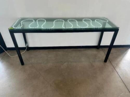 DESCRIPTION 84" GLASS TOP COUNTER HEIGHT ACCENT TABLE W/ METAL FRAME SIZE 84" LOCATION FLOOR 8 QTY 1