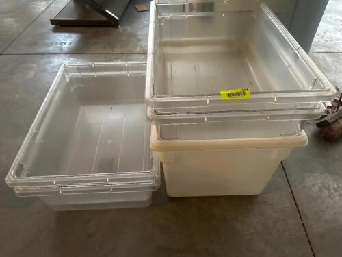 DESCRIPTION (5) LARGE CLEAR PLASTIC CONTAINERS. ADDITIONAL INFORMATION NO LIDS THIS LOT IS: ONE MONEY LOCATION SECOND BUILDING QTY 1