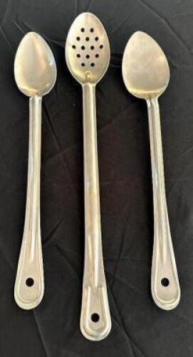 DESCRIPTION: (2) STAINLESS SERVING SPOONS AND (1) PERFORATED STAINLESS SERVING SPOON SIZE: SEE PHOTOS LOCATION: 6TH FLOOR QTY: 3