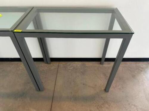 DESCRIPTION 43" X 25" GLASS TOP COUNTER HEIGHT ACCENT TABLE W/ METAL FRAME SIZE 84" LOCATION FLOOR 7 QTY 1