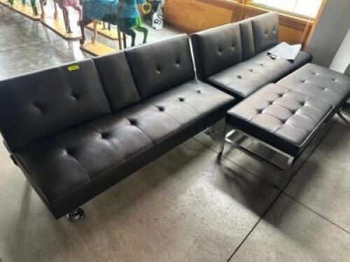DESCRIPTION (2) BLACK PLEATHER SOFAS AND (2) OTTOMANS ADDITIONAL INFORMATION SEE ADDITIONAL PHOTOS THIS LOT IS: ONE MONEY LOCATION FIRST FLOOR QTY 1