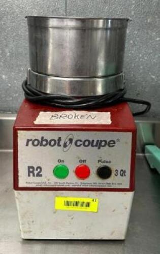 DESCRIPTION: 3 QT. FOO PROCESSOR BRAND/MODEL: ROBOT COUPE R2N INFORMATION: INDICATED AS BROKEN, NO INFO ON DAMAGE LOCATION: KITCHEN QTY: 1