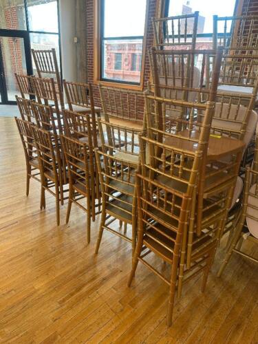 DESCRIPTION (15) CHIAVARI WEDDING EVENT CHAIRS - NO CUSHIONS. THESE ARE SLIGHTLY DAMAGED. ADDITIONAL INFORMATION STACK ABLE. THIS LOT IS: ONE MONEY LO