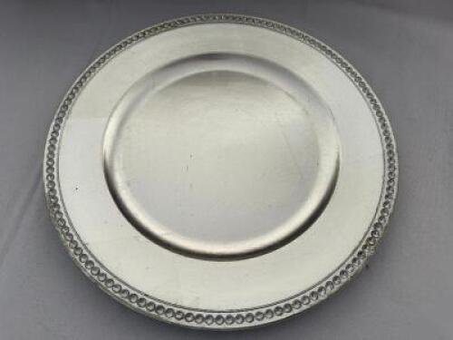 DESCRIPTION (48) 13" SILVER PLASTIC CHARGER BRAND / MODEL: CELEBRATE IT THIS LOT IS: SOLD BY THE PIECE SIZE 13" LOCATION FLOOR 7 QTY 48